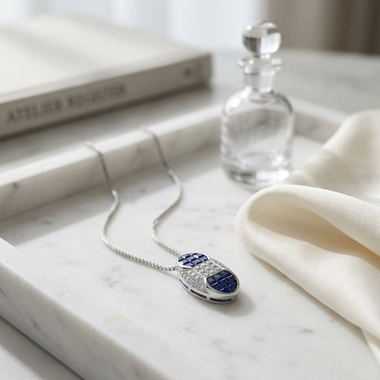 Sapphire And Diamond Capsule Pendant In 18k White Gold (17-in Box Chain) — atelier still life