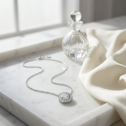 Diamond Round Bezel Halo Pendant With Milgrain In 18k White Gold — atelier still life