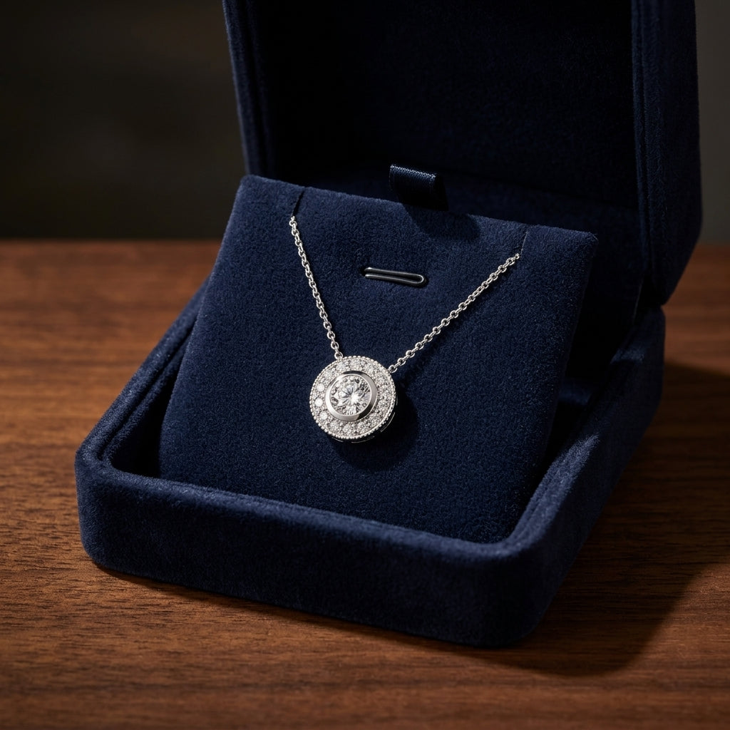 Diamond Round Bezel Halo Pendant With Milgrain In 18k White Gold — gift presentation