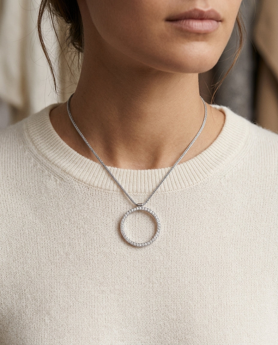 Diamond Pave Circle Pendant In 18k White Gold (1ctw) — editorial close-up