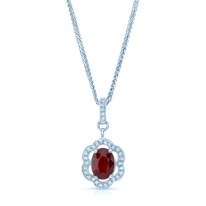 Ruby And Diamond Oval Scalloped Frame Pendant In 18k White Gold (18-in Foxtail Chain)
