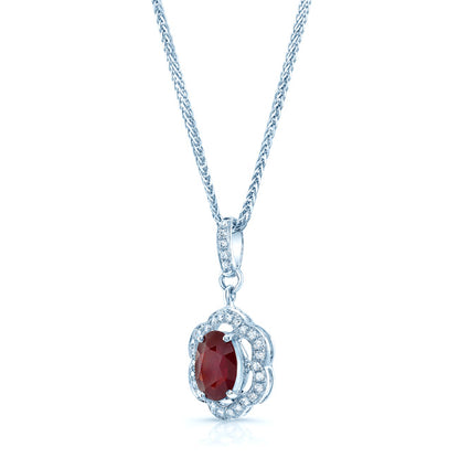 Ruby And Diamond Oval Scalloped Frame Pendant In 18k White Gold (18-in Foxtail Chain)