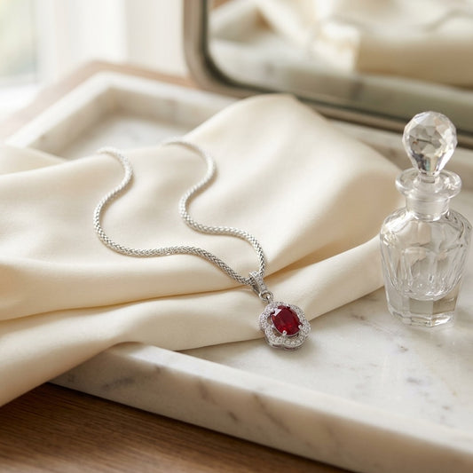 Ruby And Diamond Oval Scalloped Frame Pendant In 18k White Gold (18-in Foxtail Chain) — marble silk