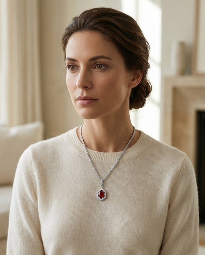 Ruby And Diamond Oval Scalloped Frame Pendant In 18k White Gold (18-in Foxtail Chain) — portrait close