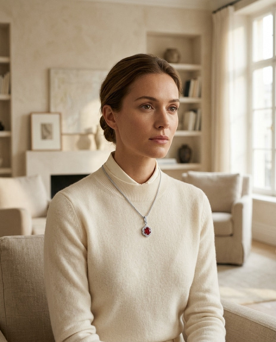 Ruby And Diamond Oval Scalloped Frame Pendant In 18k White Gold (18-in Foxtail Chain) — portrait full