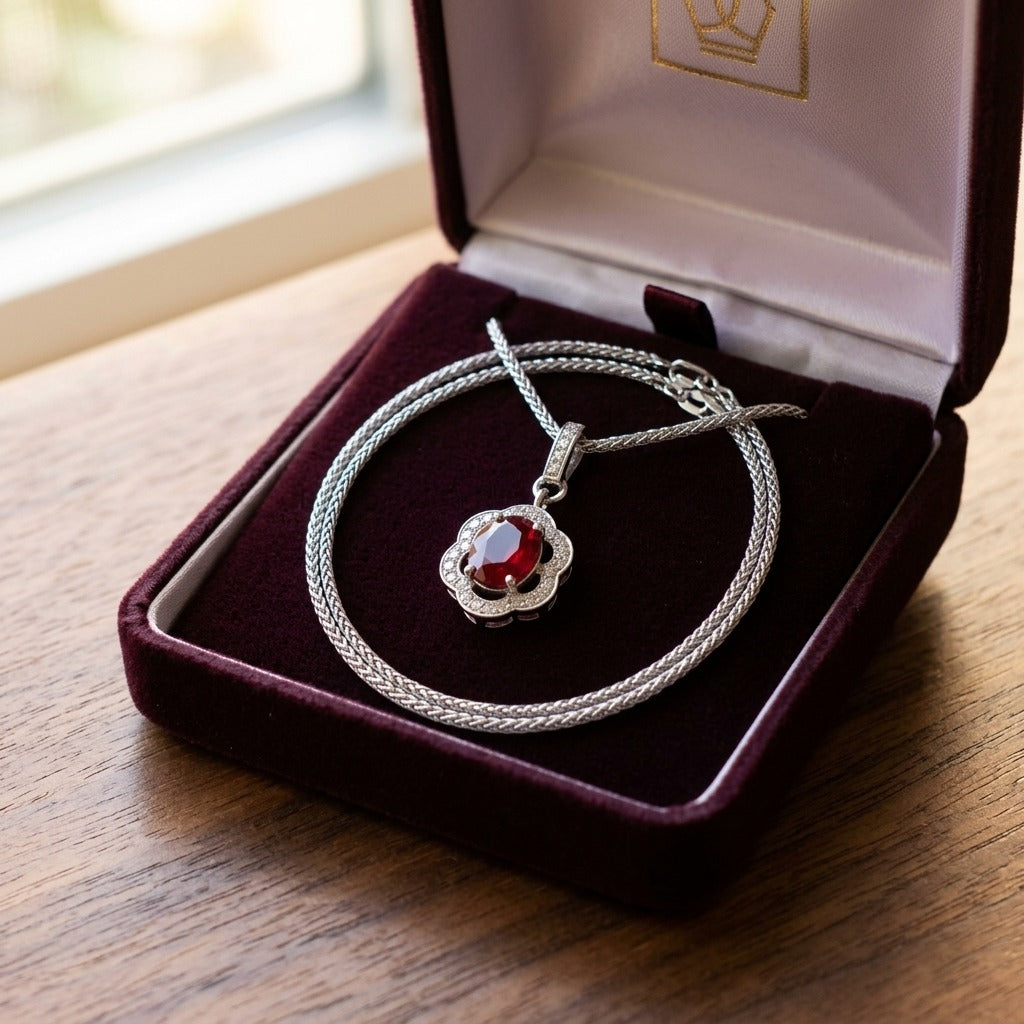 Ruby And Diamond Oval Scalloped Frame Pendant In 18k White Gold (18-in Foxtail Chain) — velvet box