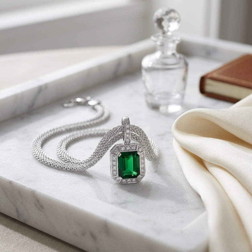 Green Tourmaline And Diamond Pendant In 18k White Gold (12x10mm) — atelier still life