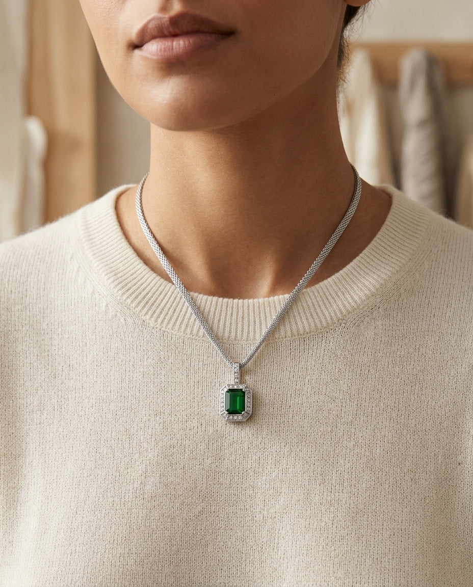 Green Tourmaline And Diamond Pendant In 18k White Gold (12x10mm) — editorial close-up