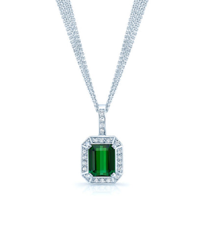 Green Tourmaline And Diamond Pendant In 18k White Gold (12x10mm)