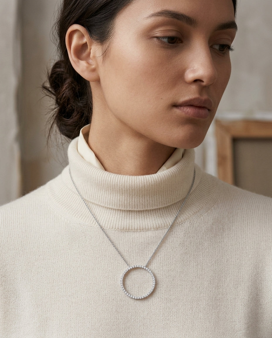 Diamond Circle Pendant In 18k White Gold (si) — editorial close-up