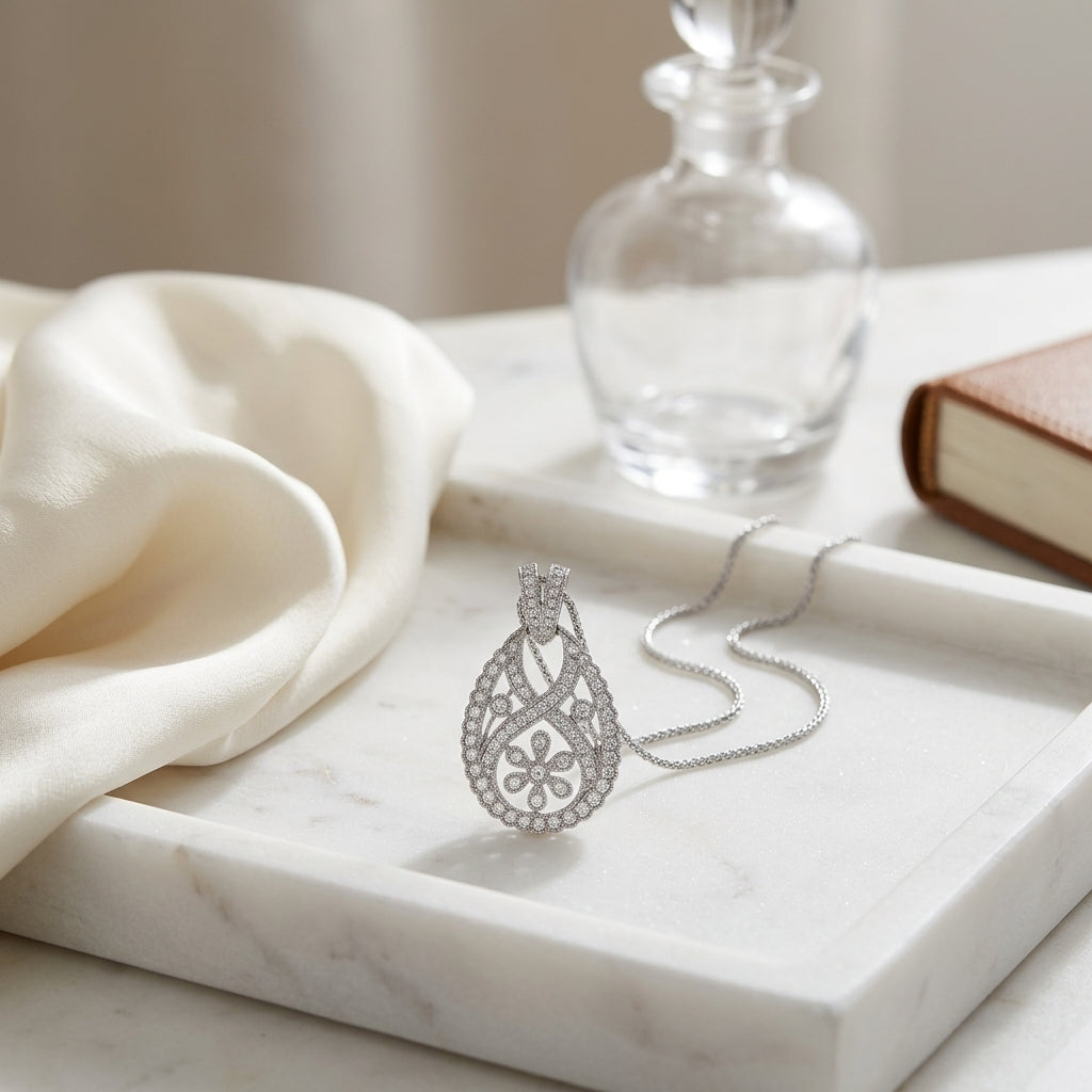 Diamond Open Teardrop Pendant With Millgrained Floral Motif In 18k White Gold — atelier still life