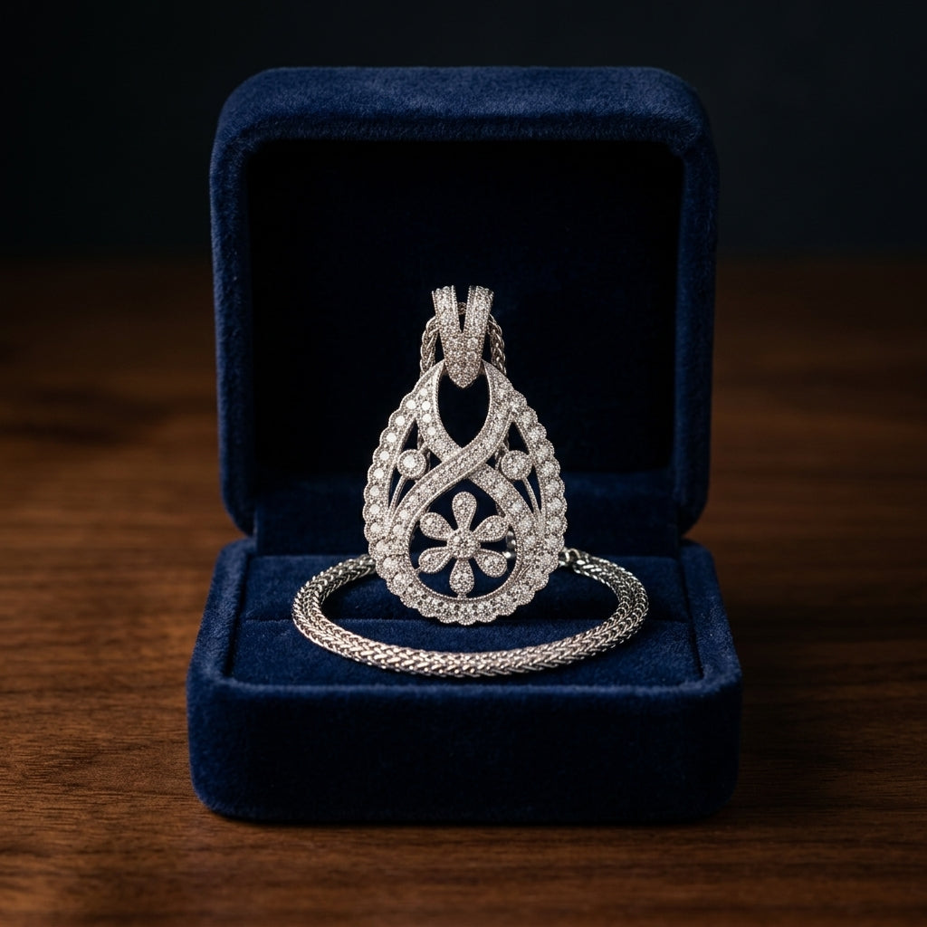 Diamond Open Teardrop Pendant With Millgrained Floral Motif In 18k White Gold — gift presentation