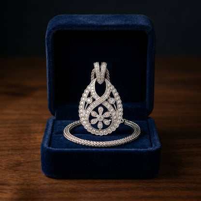 Diamond Open Teardrop Pendant With Millgrained Floral Motif In 18k White Gold — gift presentation