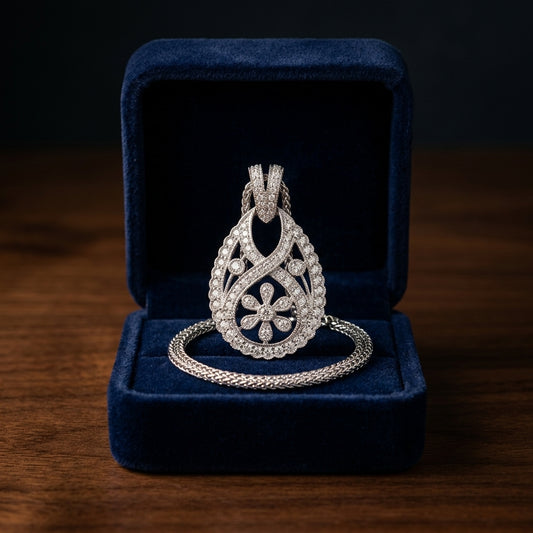 Diamond Open Teardrop Pendant With Millgrained Floral Motif In 18k White Gold — gift presentation