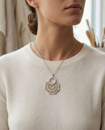 Diamond Floral Wave Cutout Fashion Pendant In 18k White Gold — editorial close-up