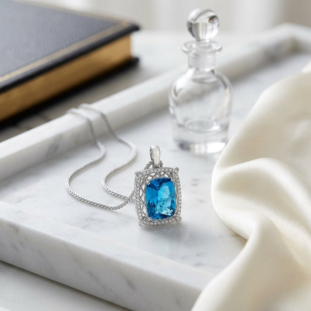 London Blue Topaz And Diamond Pendant In 18k White Gold (14x10mm) — atelier still life