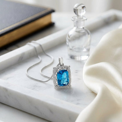 London Blue Topaz And Diamond Pendant In 18k White Gold (14x10mm) — atelier still life