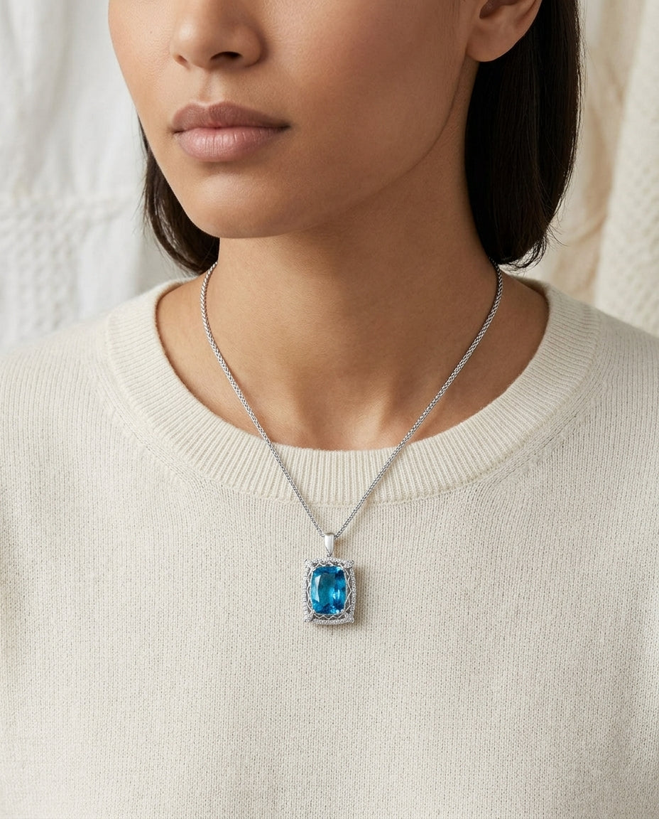London Blue Topaz And Diamond Pendant In 18k White Gold (14x10mm) — editorial close-up