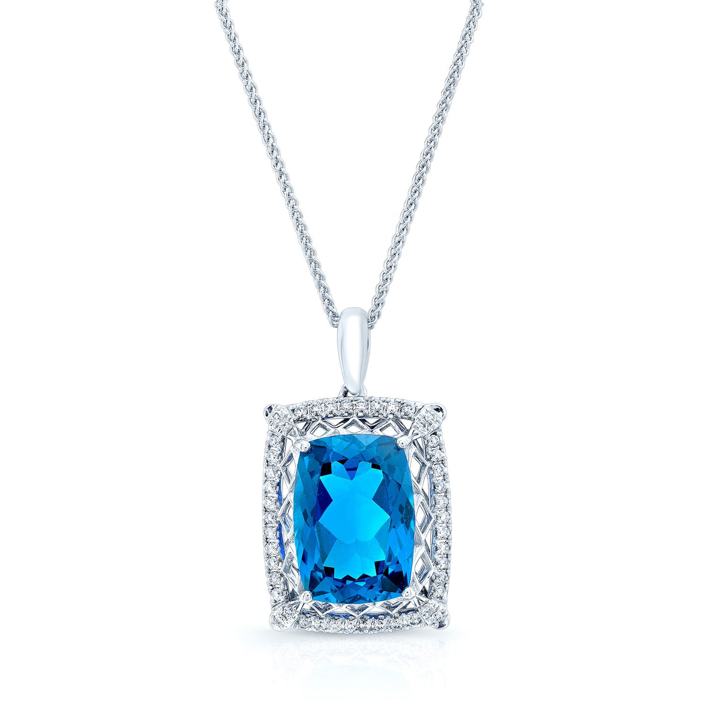 London Blue Topaz And Diamond Pendant In 18k White Gold (14x10mm)