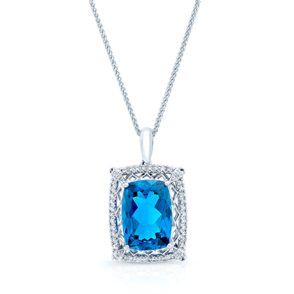 London Blue Topaz And Diamond Pendant In 18k White Gold (14x10mm)