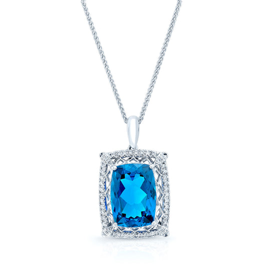 London Blue Topaz And Diamond Pendant In 18k White Gold (14x10mm)