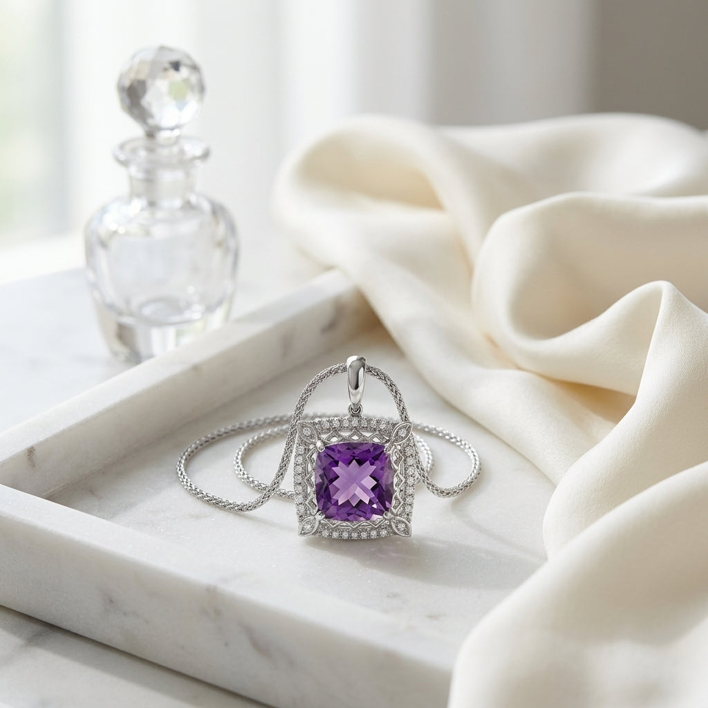 Amethyst Cushion And Diamond Pendant In 18k White Gold (10mm) — atelier still life