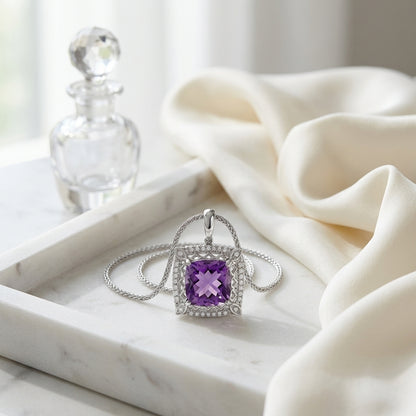 Amethyst Cushion And Diamond Pendant In 18k White Gold (10mm) — atelier still life