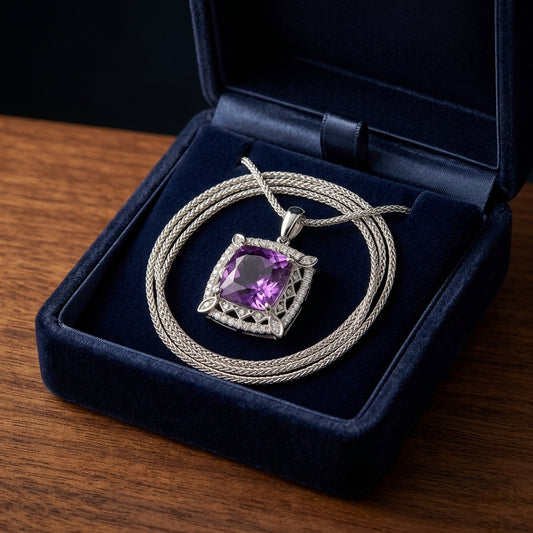 Amethyst Cushion And Diamond Pendant In 18k White Gold (10mm) — gift presentation