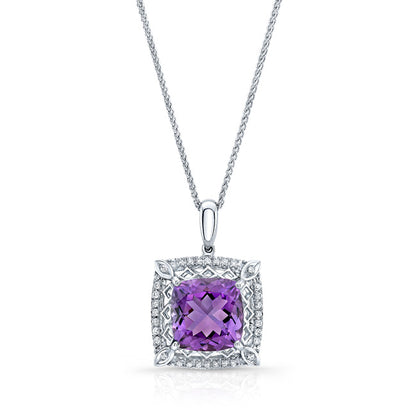 Amethyst Cushion And Diamond Pendant In 18k White Gold (10mm)