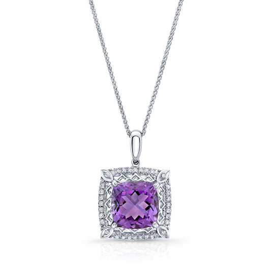 Amethyst Cushion And Diamond Pendant In 18k White Gold (10mm)