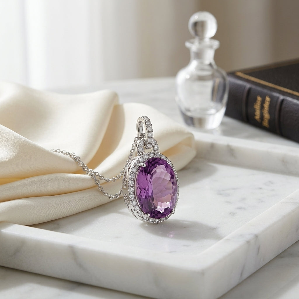 Amethyst And Diamond Oval Halo Pendant In 18k White Gold (14x12mm Center) — atelier still life
