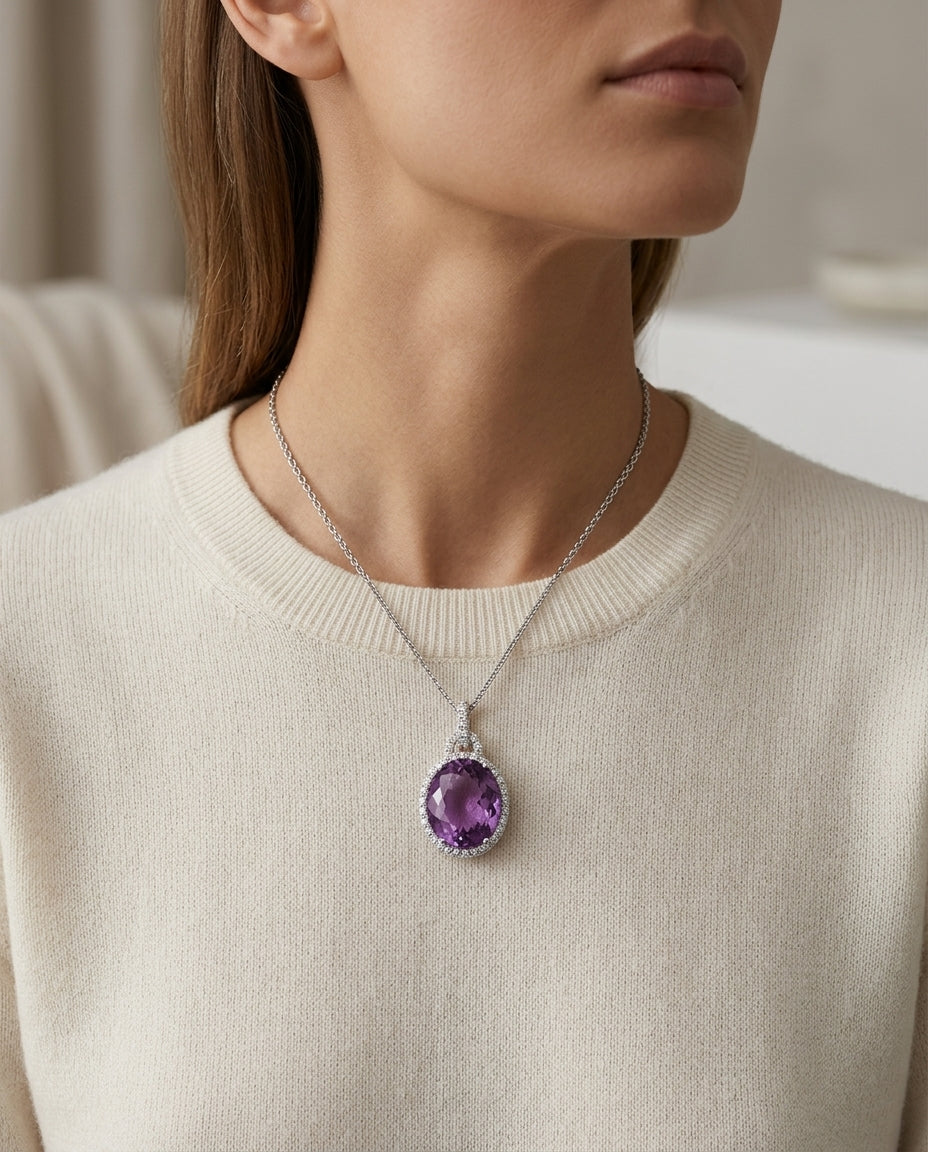 Amethyst And Diamond Oval Halo Pendant In 18k White Gold (14x12mm Center) — editorial close-up
