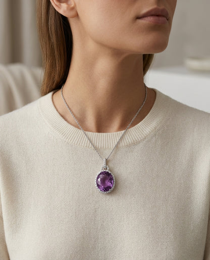 Amethyst And Diamond Oval Halo Pendant In 18k White Gold (14x12mm Center) — editorial close-up