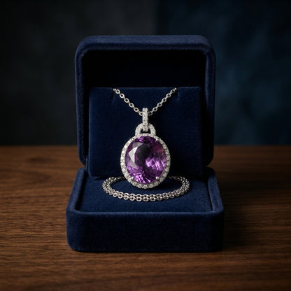 Amethyst And Diamond Oval Halo Pendant In 18k White Gold (14x12mm Center) — gift presentation