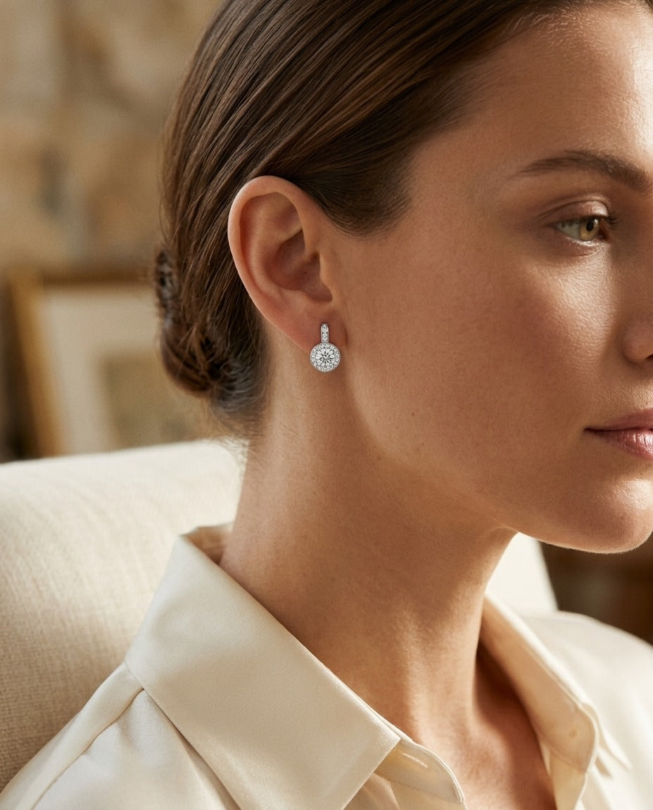 Diamond Round Halo Pendant with Diamond Bail and Studded Gallery in 18k White Gold — portrait close