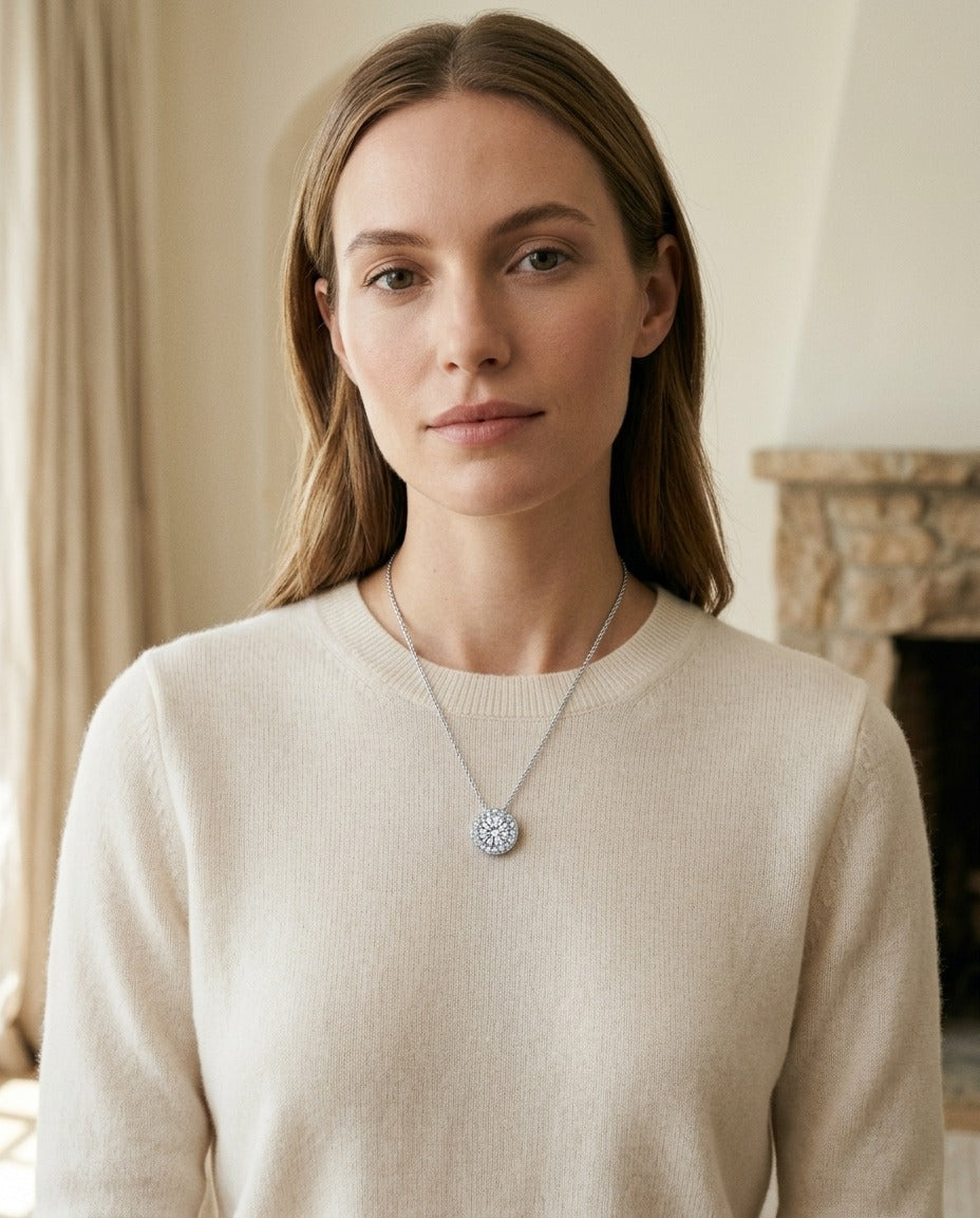 Diamond Round Halo Pendant In 18k White Gold (0.70ct Center) — portrait close