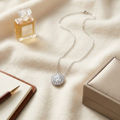 Diamond Round Halo Pendant In 18k White Gold (0.70ct Center) — textile flat lay