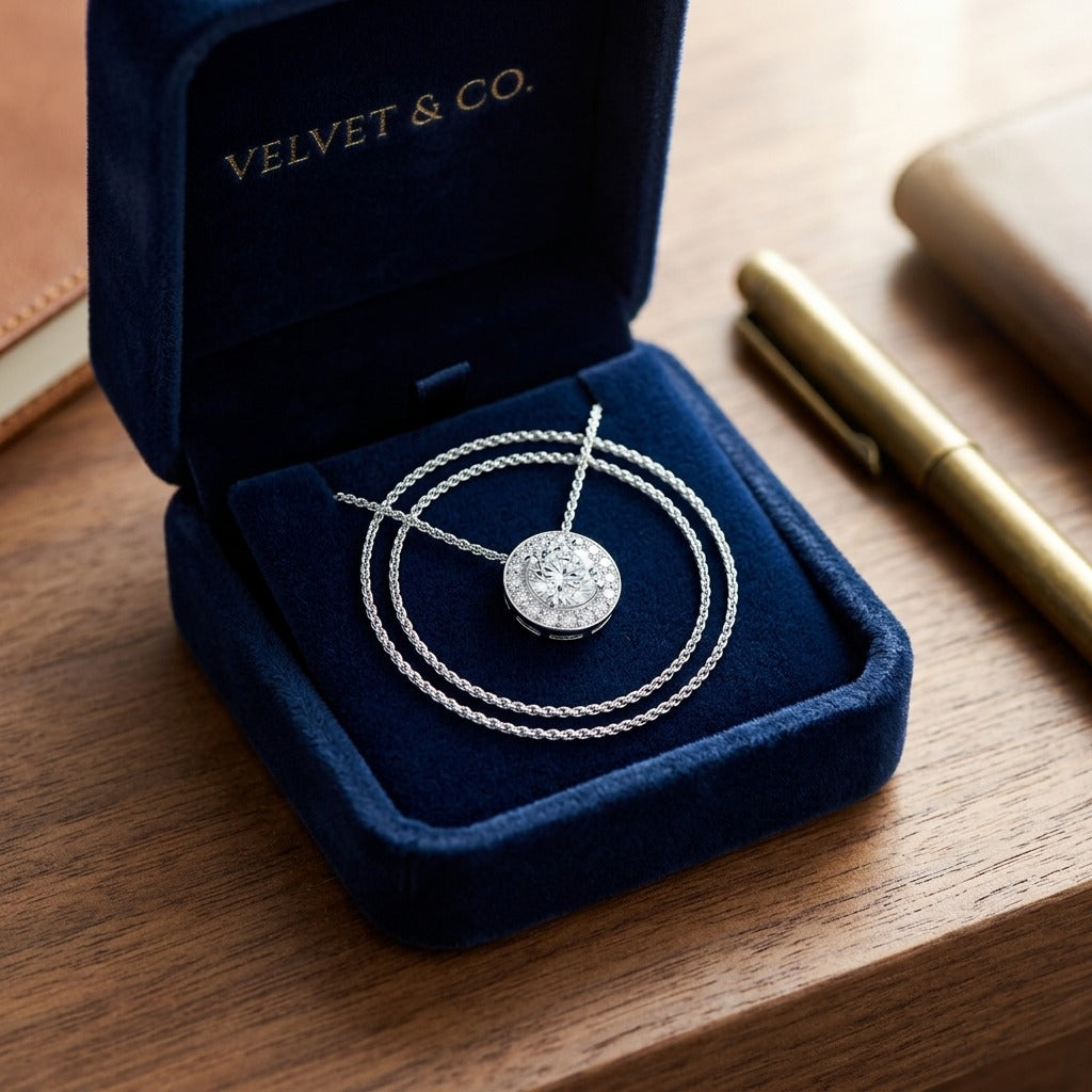 Diamond Round Halo Pendant In 18k White Gold (0.70ct Center) — velvet box