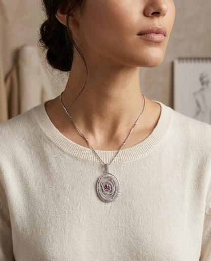 Pink Sapphire And Diamond Multi Cirle Pendant In 18k White Gold — editorial close-up