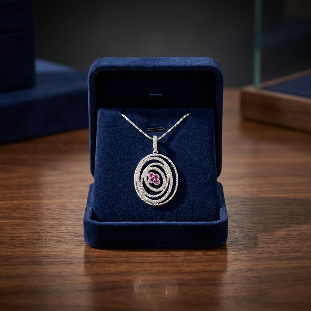 Pink Sapphire And Diamond Multi Cirle Pendant In 18k White Gold — gift presentation