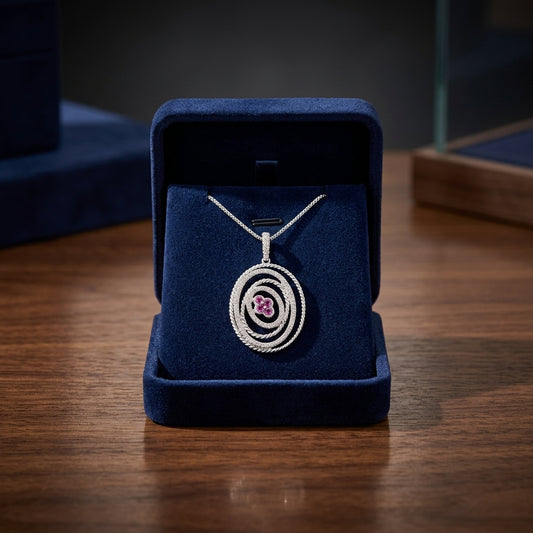 Pink Sapphire And Diamond Multi Cirle Pendant In 18k White Gold — gift presentation