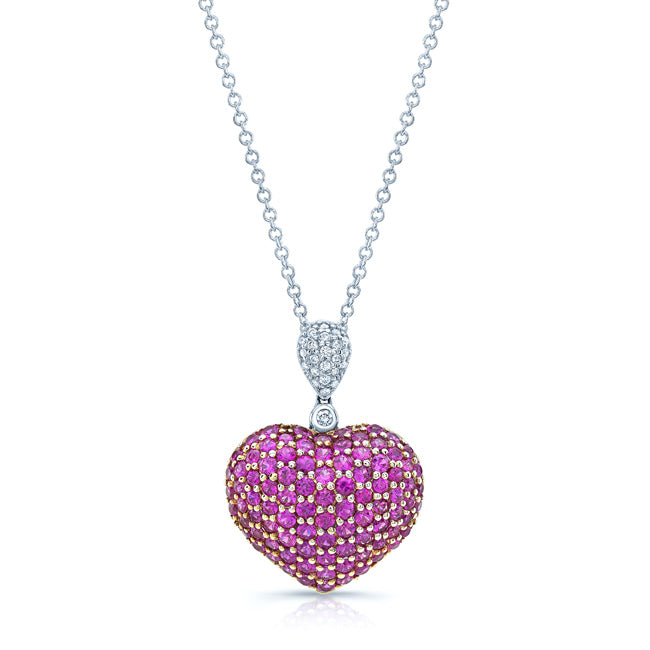 Pink Sapphire & Diamond Heart Pendant In 18k White Gold