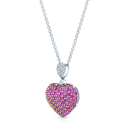 Pink Sapphire & Diamond Heart Pendant In 18k White Gold