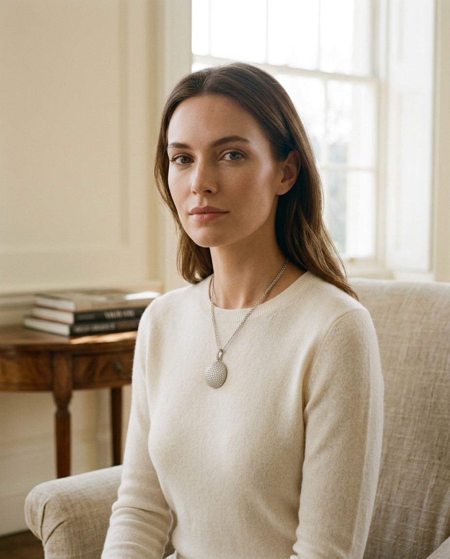 Diamond Puff Pave Disk Pendant In 18k White Gold, 16-inch Rolo Double Chain — portrait full
