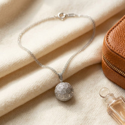 Diamond Puff Pave Disk Pendant In 18k White Gold, 16-inch Rolo Double Chain — textile flat lay