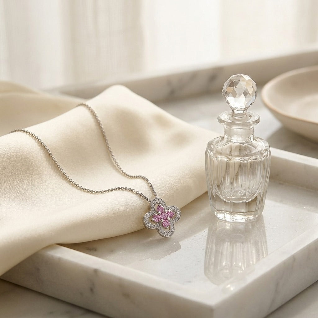 Pink Sapphire and Diamond Four-Petal Floral Necklace in 18k White Gold — marble silk