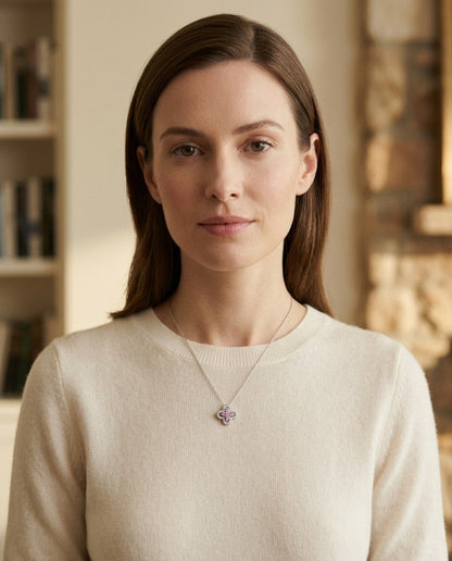 Pink Sapphire and Diamond Four-Petal Floral Necklace in 18k White Gold — portrait close