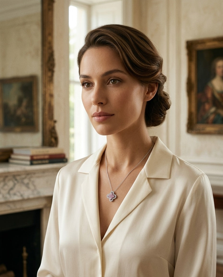 Pink Sapphire and Diamond Four-Petal Floral Necklace in 18k White Gold — portrait full