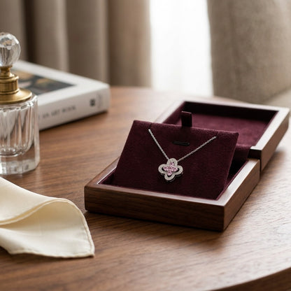 Pink Sapphire and Diamond Four-Petal Floral Necklace in 18k White Gold — velvet box