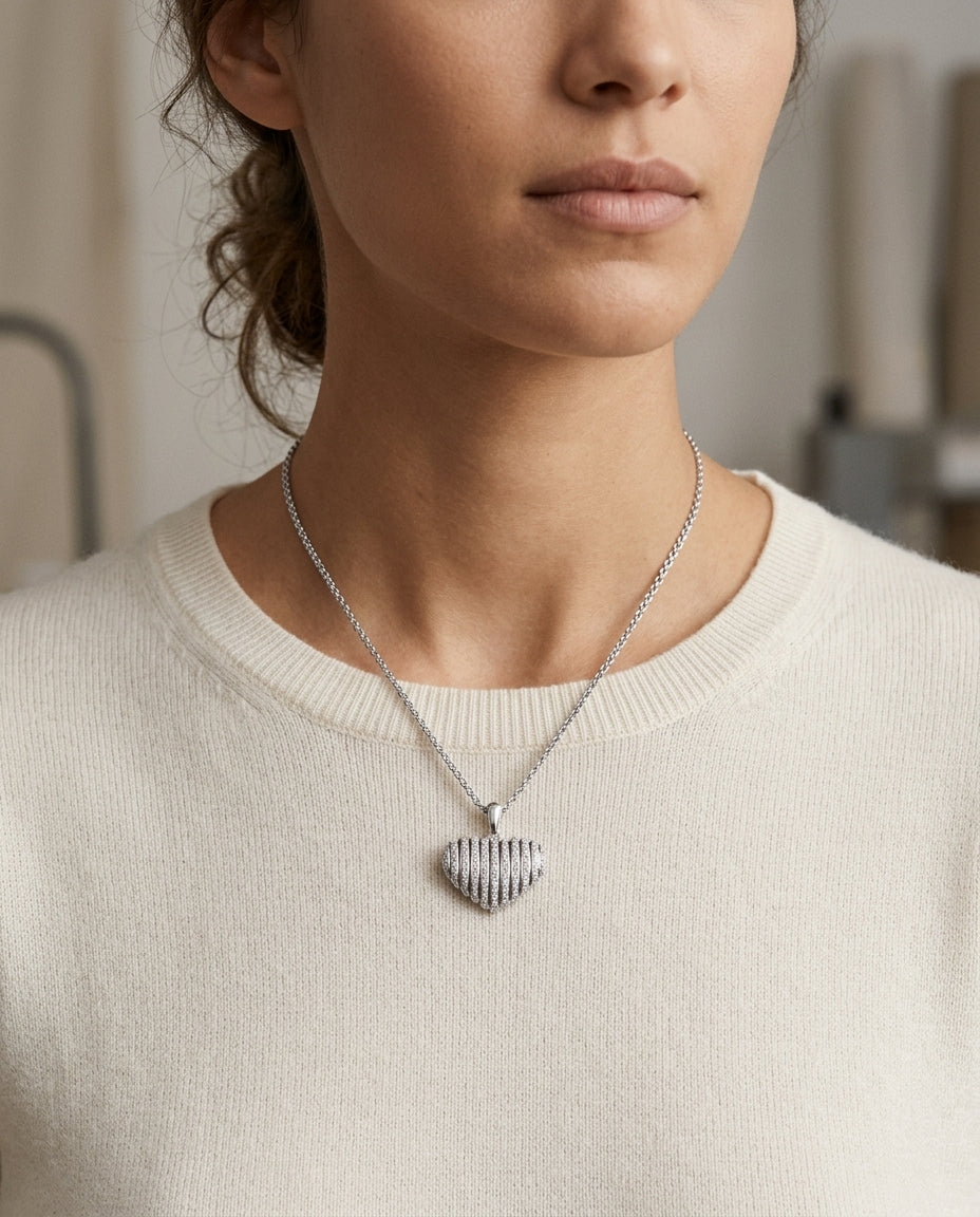 Diamond Pave Cage Bars Heart Pendant In 18k White Gold — editorial close-up